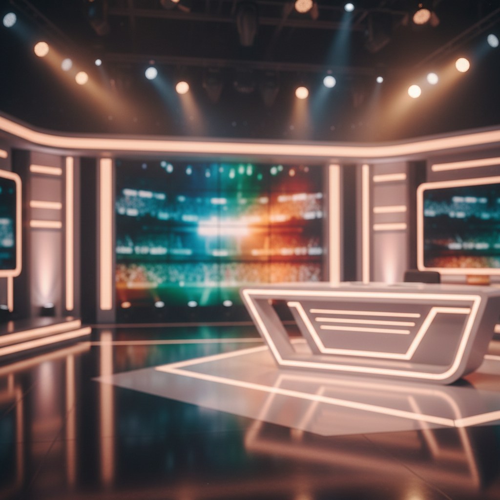 Estudio de TV iluminado representando a estreia de Virginia no Domingao