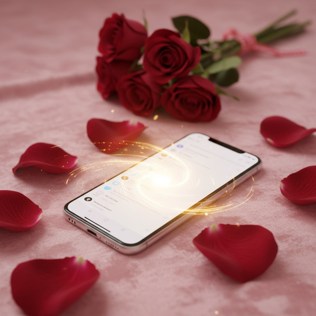 Celular com feed social e petalas de rosa representando a viralizacao